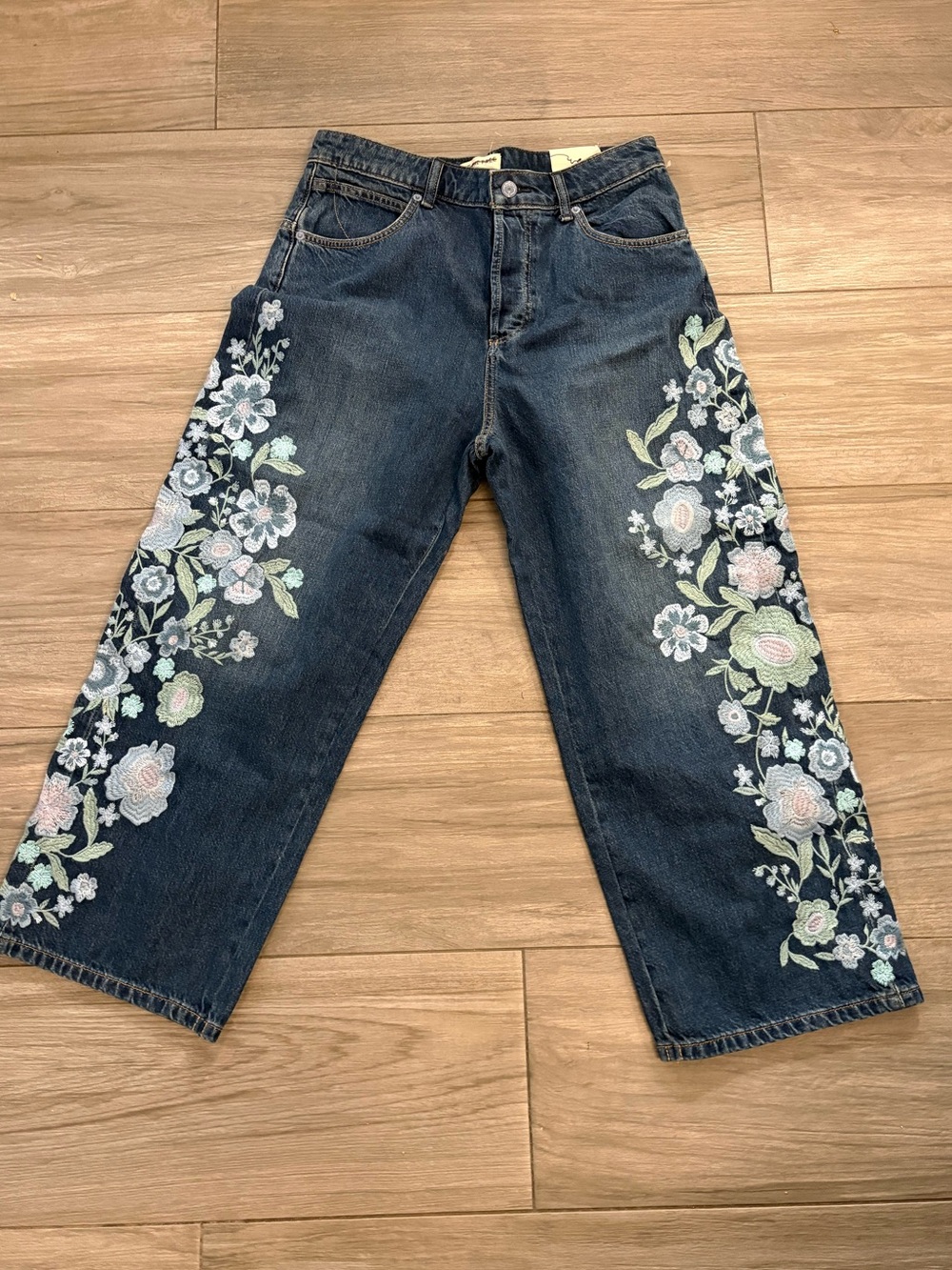 Free People Willow Dark Blue Wide Leg Jeans with Pastel Floral Embroidery